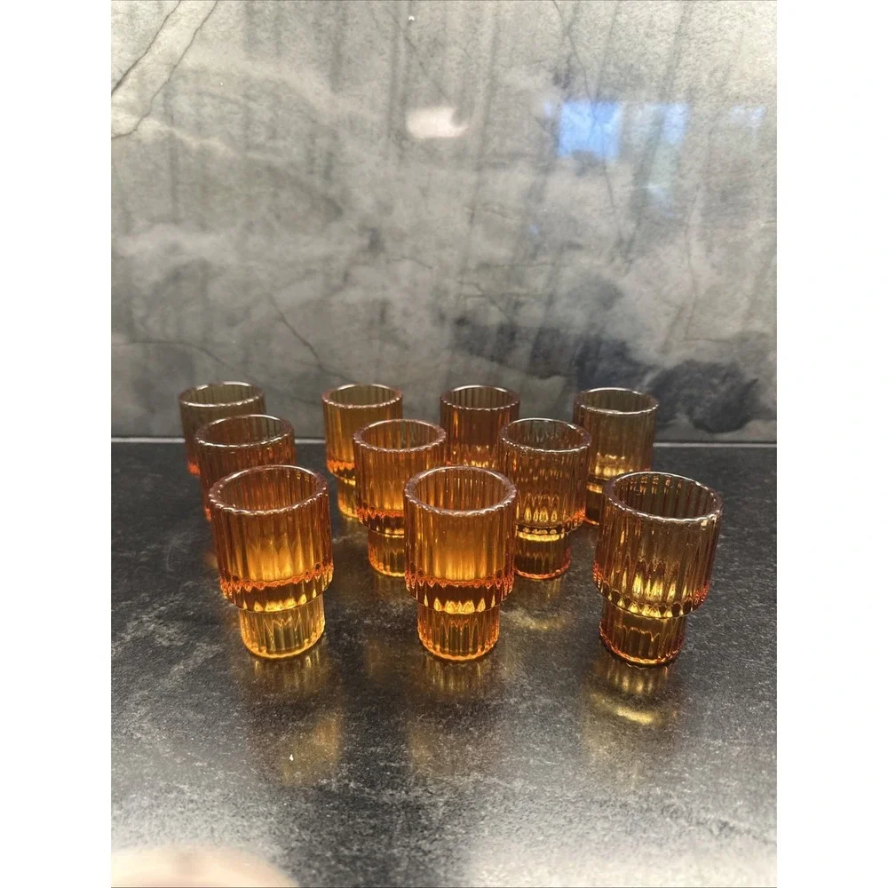 Amber Glass 10 Tealight Candle Holder Ribbed Fluted Tiered Tapered Votive MCM